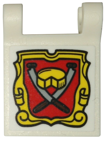 Lego Flag 2 x 2 Square with Flared Edge with Red Shield, Yellow Frame and Cheese and Knives Pattern on Both Sides (Stickers) - Set 10332 / White