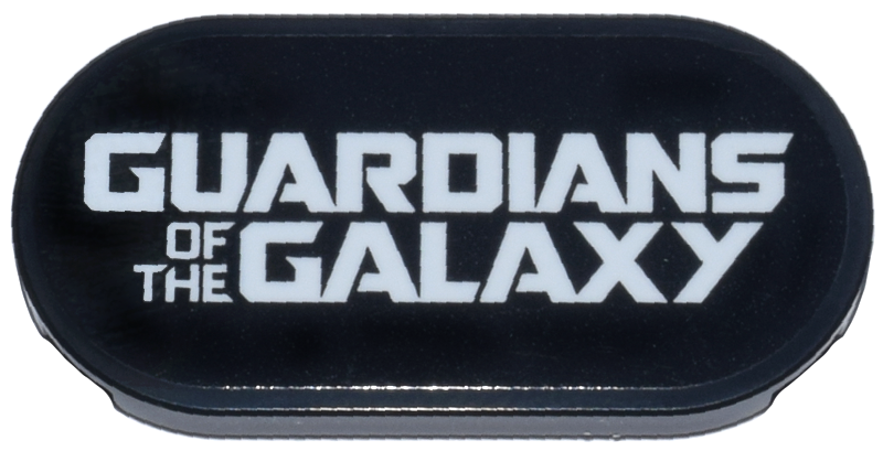 Lego Tile, Round 2 x 4 Oval with White 'GUARDIANS OF THE GALAXY' Pattern (Sticker) - Set 76297