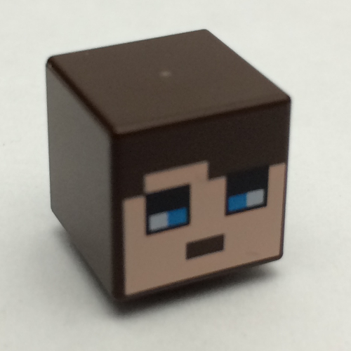 Lego Minifig Head Special, Cube with Pixelated Face with Dark Brown Hair and Blue Eyes Print / Dark Brown