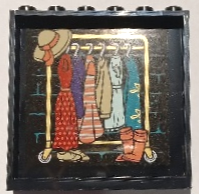 Lego Panel 1 x 6 x 5 with Bricks and Dark Turquoise Mortar, Coral Boots, Tan Shoes and Hat, Hanging Clothes on Gold Rail Pattern Model Right Side (Sticker) - Set 41714 / Black