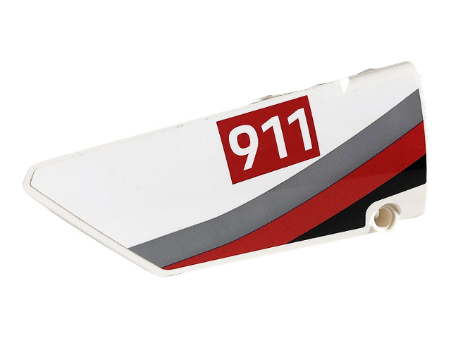 Lego Technic, Panel Fairing #17 Large Smooth, Side A with White '911' on Red Rectangle and Gray, Red and Black Curved Stripes Pattern (Sticker) - Set 42096