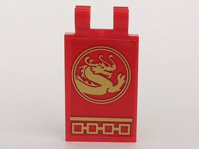 Lego Tile, Modified 2 x 3 with 2 Clips with Gold Dragon in Circle Facing Right Pattern (Sticker) - Set 70617 / Red