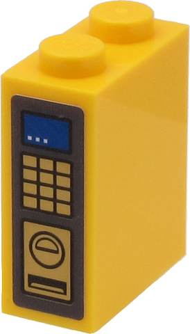 Lego Brick 1 x 2 x 2 with Inside Stud Holder with Blue Display and Gold Keypad and Slots on Dark Bluish Gray Background Pattern (Sticker) - Set 60271 / Yellow