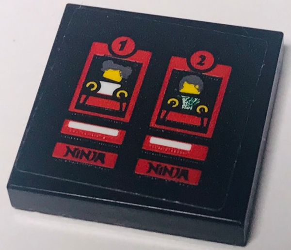Lego Tile 2 x 2 with Number 1 and 2, 'NINJA', Red Rectangles, White Lines and Minifigures in Frames Pattern (Sticker) - Set 40429