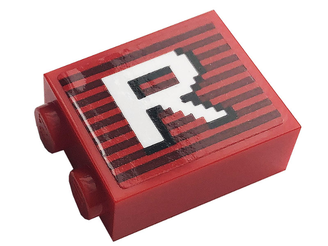 Lego Brick 1 x 2 x 2 with Inside Stud Holder with Gray Stripes and White Capital Letter R Pattern (Sticker) - Set 10272 / Red