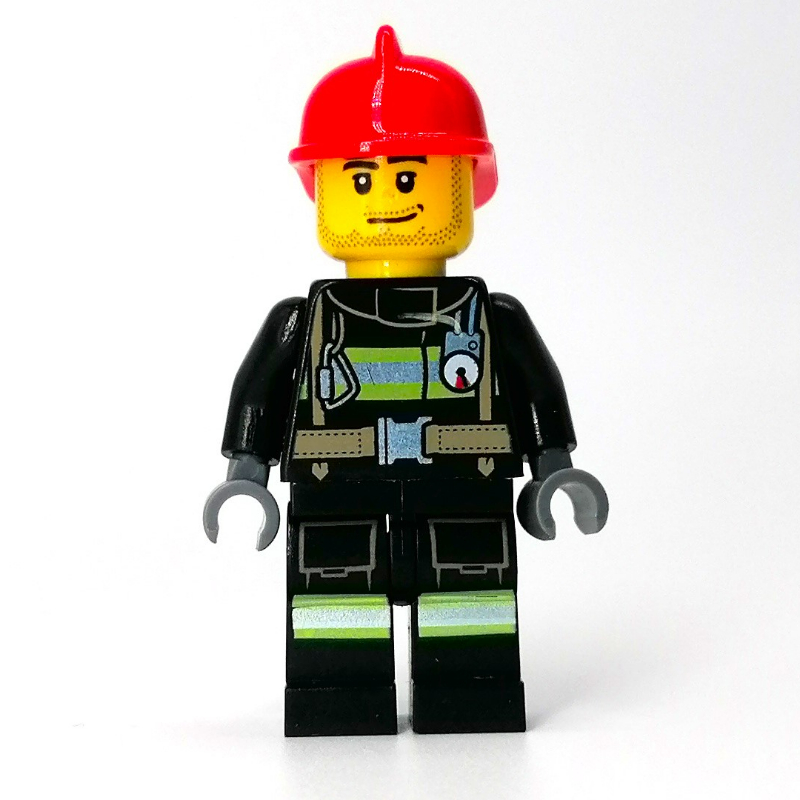 Lego Firefighter, Black Torso, Black Legs, Red Helmet