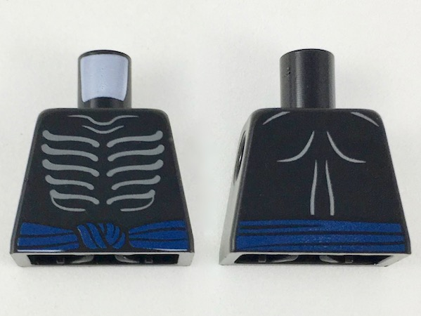 Lego Torso Ninjago Skeleton Ribs Gray and Dark Blue Waist Sash with Gray Muscles Outline on Back Pattern / Black