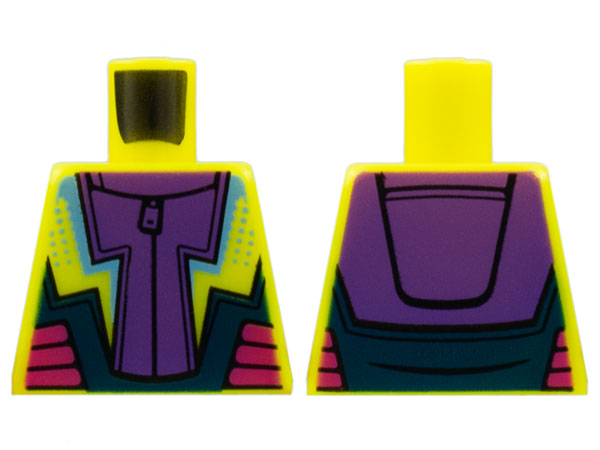 Lego Torso Jumpsuit Dark Purple Center Panel, Bright Light Blue Lightning, Magenta Side Panels Pattern / Vibrant Yellow