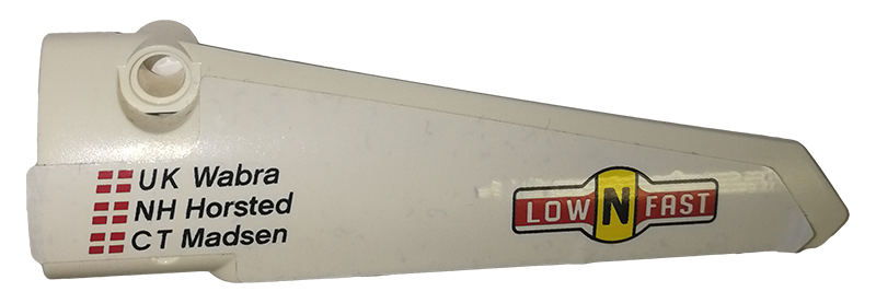 Lego Technic, Panel Fairing # 5 Long Smooth, Side A with 'UK Wabra', 'NH Horsted', 'CT Madsen' and 'lowNfast' Pattern (Sticker) - Set 42039