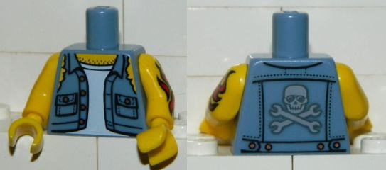 Lego Torso Shirt Torn Off Sleeves, Buttons on Pockets, Jolly Roger Back Pattern / Yellow Arm Left with Red Flames Tattoo Pattern / Yellow Arm Right / Yellow Hands