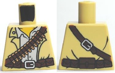 Lego Torso Jacket Open over White Safari Shirt, Dark Brown Belt and Crossbelt Bandolier with Pouches, Silver Buckles and Copper Bullets, Yellow Neck Pattern / Tan