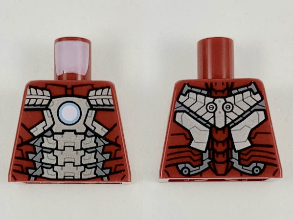 Lego Torso Armor with Metallic Light Blue and White Circle Arc Reactor, Silver Panels, Dark Silver Trim Pattern (Iron Man Mark 5) / Dark Red