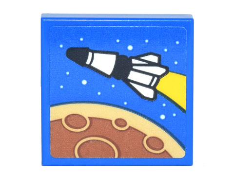 Lego Tile 2 x 2 with Black and White Spaceship, White Stars, Tan and Medium Nougat Planet with Craters Pattern (Sticker) - Set 10293 / Blue