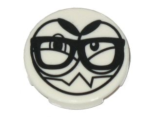 Lego Tile, Round 2 x 2 with Bottom Stud Holder with Black Large Eyes, Eyebrows, Sharp Teeth and Glasses (Nixel Face) Pattern / White