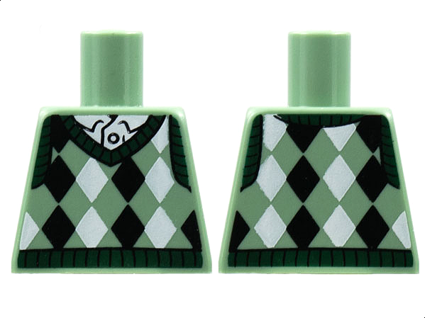 Lego Torso Knit Argyle Sweater Vest with Dark Green Collar over White Shirt Pattern / Sand Green