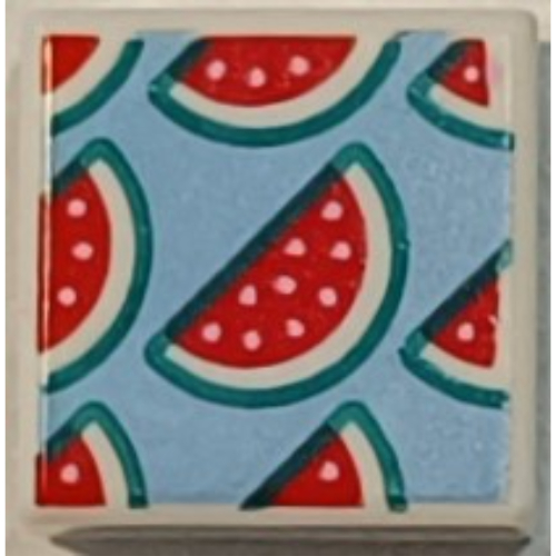 Lego Tile 1 x 1 with Watermelon Slices on Bright Light Blue Background Print / White