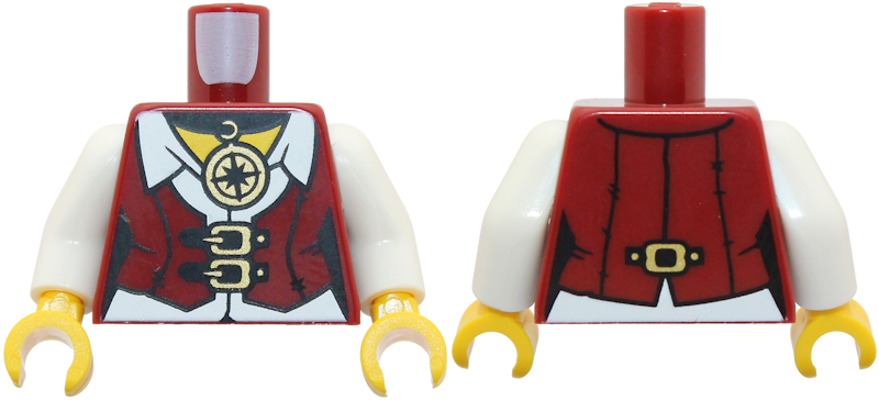 Lego Torso Female Pirate Vest Closed over White Shirt, Gold Buckles and Compass Necklace, Yellow Neck Pattern / White Arms / Yellow Hands