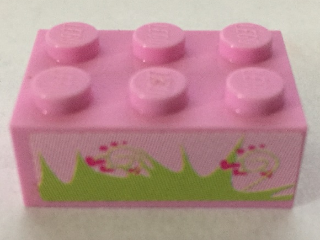 Lego Brick 2 x 3 with Grass and Hearts Pattern (Sticker) - Set 7586 / Bright Pink