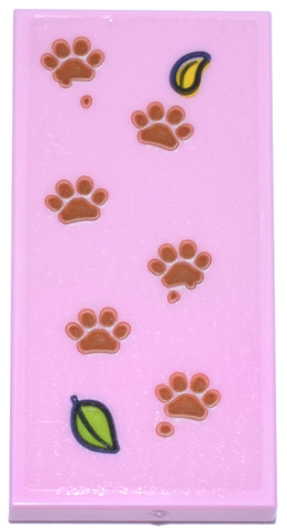 Lego Tile 2 x 4 with Reddish Brown Paw Prints, Lime and Bright Light Orange Leaves Pattern (Sticker) - Set 42671 / Bright Pink