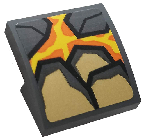 Lego Slope, Curved 2 x 2 x 2/3 with Dark Bluish Gray and Pearl Gold Rock, Orange and Yellow Lava Pattern (Sticker) - Set 76128