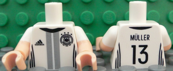 Lego Torso Soccer Shirt with Adidas Logo, 4 Stars and Eagle Front, 'MÜLLER 13' Back Pattern / Light Nougat Arms with Molded White Short Sleeves Pattern / Light Nougat Hands