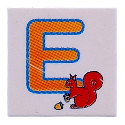 Lego Tile 2 x 2 with Orange 'E', Squirrel Print / White