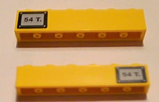 Lego Brick 1 x 6 with Black '54T.' Pattern on Both Sides (Stickers) - Set 7898 / Yellow