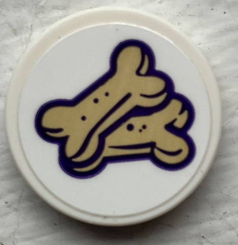 Lego Tile, Round 2 x 2 with Bottom Stud Holder with 2 Tan Bones Dog Treats Pattern (Sticker) - Set 41691 / White