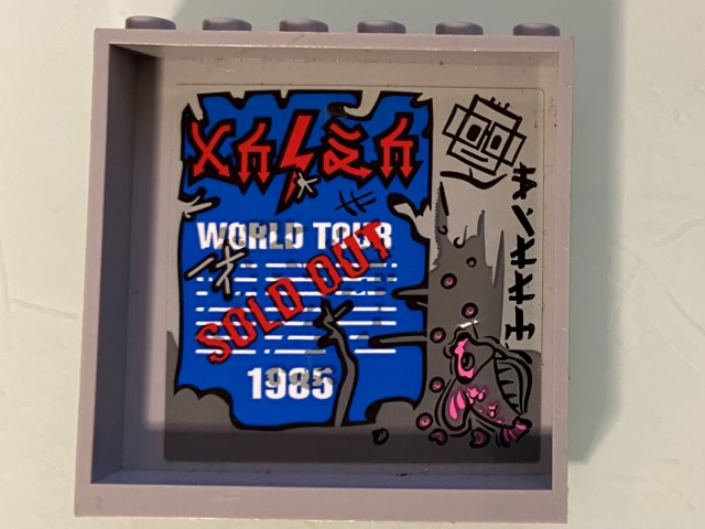 Lego Panel 1 x 6 x 5 with 'WORLD TOUR SOLD OUT 1985' Pattern on Inside (Sticker) - Set 70640 / Light Bluish Gray