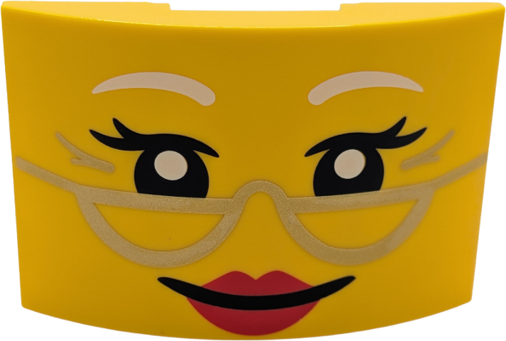 Lego Slope, Curved 6 x 4 Double with White Eyebrows, Black Eyes, Double Eyelashes and Mouth, Red Lips, Gold Glasses, Medium Nougat Crow's Feet Pattern  (Mrs. Claus Face) / Yellow