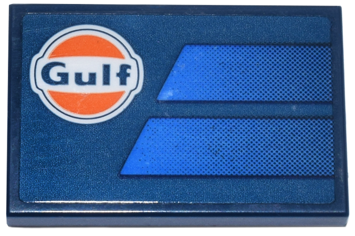 Lego Tile 2 x 3 with White and Orange Circle 'Gulf' Logo and Blue Gradient Panels Pattern Model Right Side (Sticker) - Set 77249 / Dark Blue