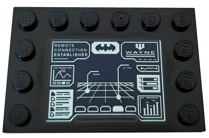 Lego Tile, Modified 4 x 6 with Studs on Edges with 'REMOTE CONNECTION ESTABLISHED', 'WAYNE', Batman Logo, Graphs and Radar Pattern (Sticker) - Set 76160 / Black