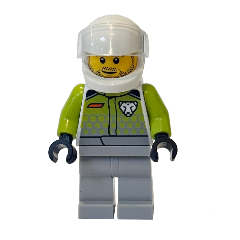 Lego Race Driver, Lime Torso, Light Bluish Grey Legs, White Helmet
