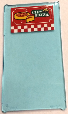Lego Glass for Window 1 x 4 x 6 with 'CITY PIZZA', Numbers 2 and 12, Pizza Slice and Red and White Checkered Pattern (Sticker) - Set 60132 / Trans-Light Blue