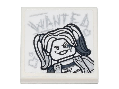 Lego Tile 2 x 2 with Harley Quinn and 'WANTED' and Hearts in Scratchy Writing Pattern (Sticker) - Set 70840 / White