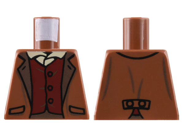 Lego Torso Jacket Open with Dark Brown Lapels and Pockets over Dark Red Vest with Buttons and Tan Shirt Pattern / Reddish Brown