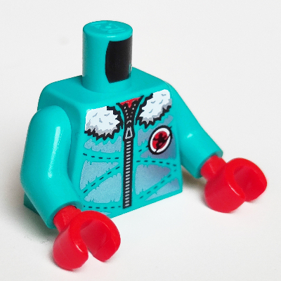 Lego Torso Jacket with Zipper and White Fur Trim and Hood, Silver Decorations Print, Dark Turquoise Arms, Red Hands / Dark Turquoise
