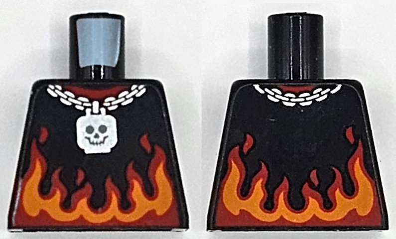 Lego Torso Sleeveless Shirt with Red and Orange Flames and Silver Chain Necklace with Skeleton Head Pattern / Black