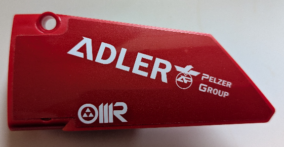 Lego Technic, Panel Fairing #17 Large Smooth, Side A with White 'ADLER PELZER GROUP' and 'OMR' Pattern (Sticker) - Set 42125 / Red