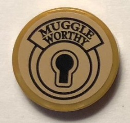 Lego Tile, Round 2 x 2 with Bottom Stud Holder with Keyhole and 'MUGGLE WORTHY' Pattern (Sticker) - Set 75952 / Pearl Gold