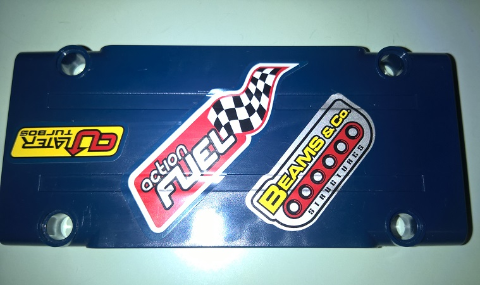 Lego Technic, Panel Plate 5 x 11 x 1 with 'C U LATER TURBOS', 'action FUEL' and 'BEAMS & Co. STRUCTURES' Pattern Model Right Side (Stickers) - Set 41999 / Dark Blue