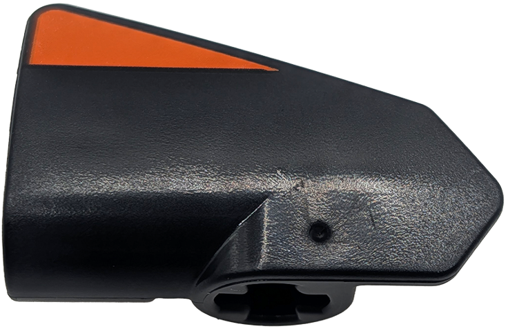 Lego Technic, Panel Fairing # 7 Very Small Smooth Short, Side A with Reddish Orange Triangle Shaped Stripe Pattern