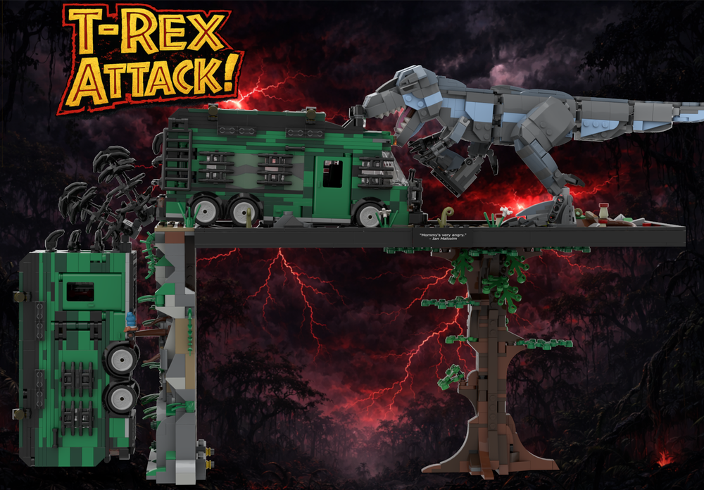 Lego T-Rex Attack! Mobile Lab Diorama.
