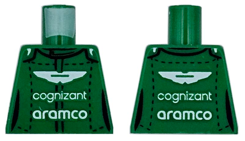 Lego Torso Racing Suit with Black Trim and Stitches and White Aston Martin, 'cognizant' and 'aramco' Logo Pattern / Green