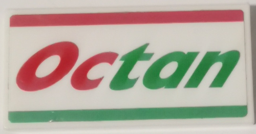 Lego Tile 2 x 4 with Red and Green Stripes and 'Octan' Pattern (Sticker) - Set 60257 / White