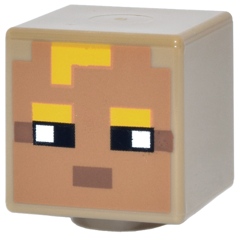 Lego Minifigure, Head, Modified Cube with Pixelated Bright Light Orange Hair and Eyebrows, Black Eyes, Medium Brown Mouth, Medium Nougat Face Pattern (Minecraft Flores)