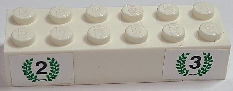Lego Brick 2 x 6 with Black Number 2 and Number 3, Green Laurels Pattern (Stickers) - Set 6337 / White