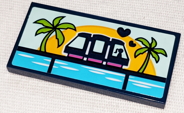 Lego Tile 2 x 4 with Monorail, Hearts, Sunset over Sea and Palm Trees Pattern (Sticker) - Set 41347