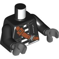 Lego Torso, Jacket, Reddish Brown Strap, Black/White Stripes Shirt Print, Black Arms, Dark Bluish Gray Hands