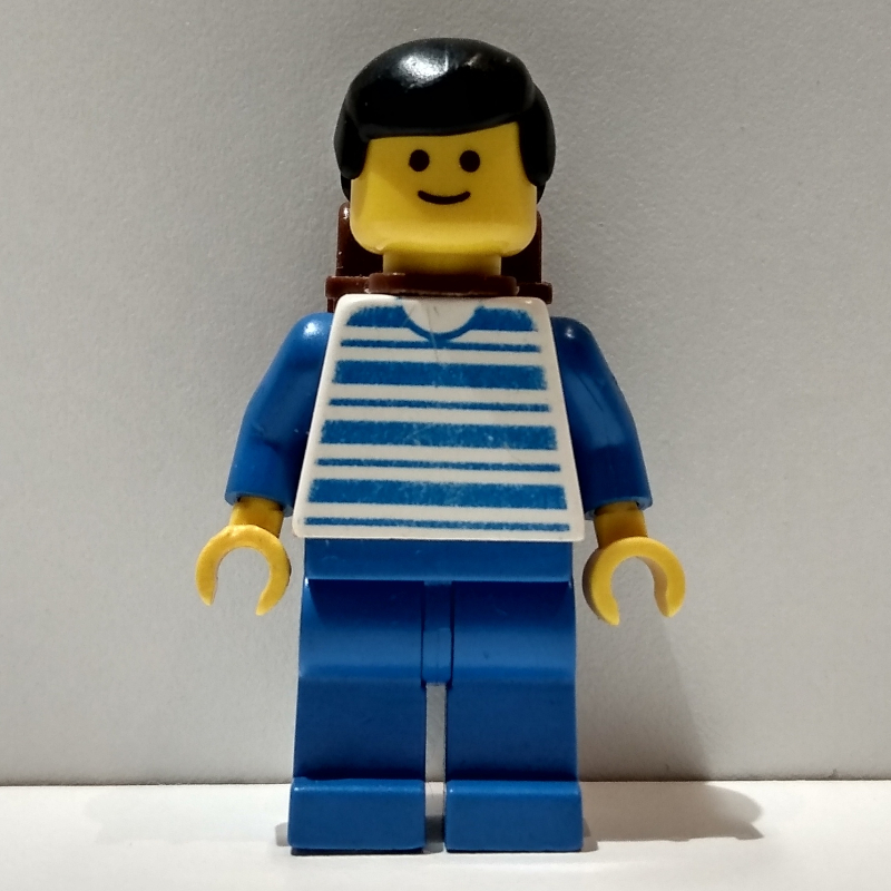 Lego Man - Blue/White Striped Torso, Blue Legs, Brown Backpack